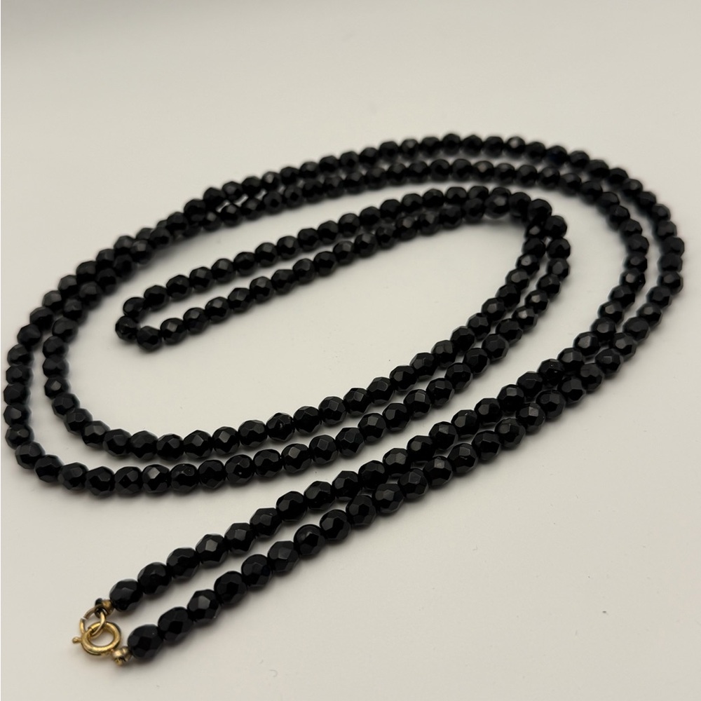 Vintage Black Multi Faceted Glass Bead 48” Necklace w/Gold Tone Clasp - Picture 3 of 3